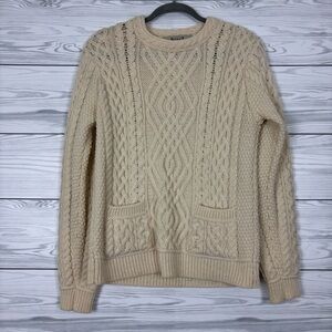 Aran Sweater Market 100% Merino Wool Cable Knit Sweater Medium Cream